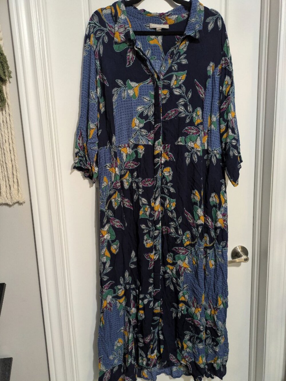 Woman Within Maxi Full Button Up 3/4 Sleeve Blue Floral Plus Sized Dress (26W)